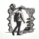 silhouette of a man walking away from a mask on the floor tattoo design idea