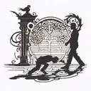 silhouette of a man walking away from a mask on the floor tattoo design idea