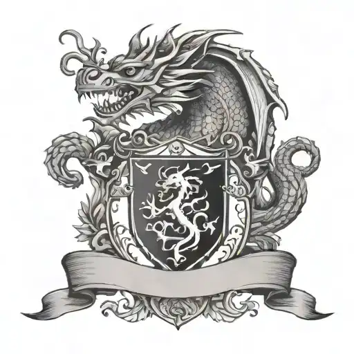 dragon family crest with scroll tattoo design idea