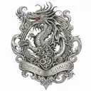dragon family crest with scroll tattoo design idea