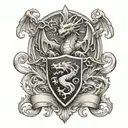 dragon family crest with scroll tattoo design idea