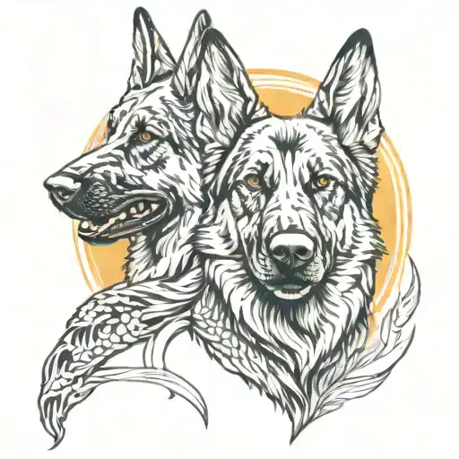 two heads of haunted  german shepherd dogs tattoo design idea