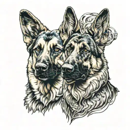 two heads of possessed german shepherd dogs standing guard tattoo design idea
