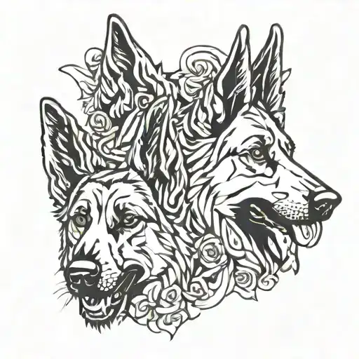 two heads of haunted  german shepherd dogs tattoo design idea