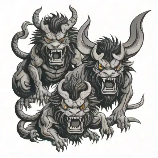 oni and Cerberus guarding tattoo design idea
