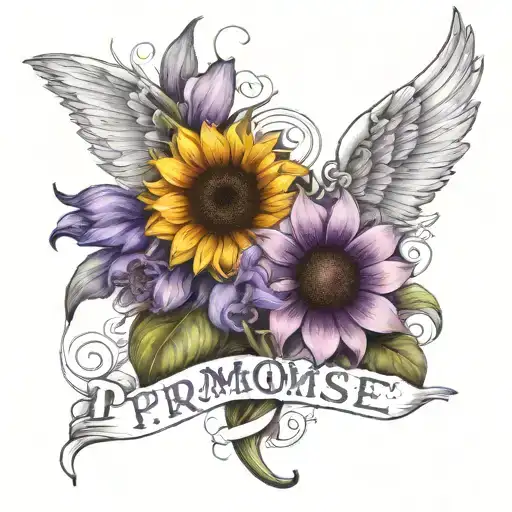 "I promise" written in a beautiful font, with a sunflower, purple iris and angel wings tattoo design idea