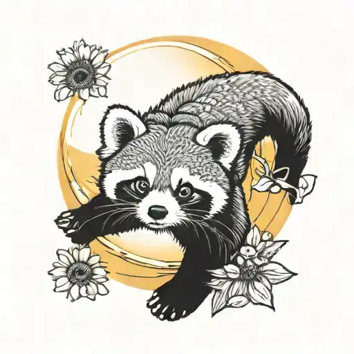red panda facing at the sunset with sunflowers coming tattoo design idea