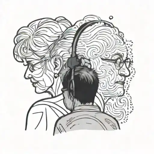Granny with her big grandson listening to music from her back with musical notes around that you have to see that there is peace and memories tattoo design idea