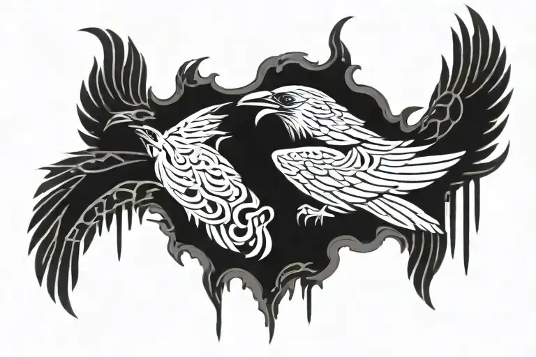 ravens surrounded by death and a viking tribal tattoo design idea