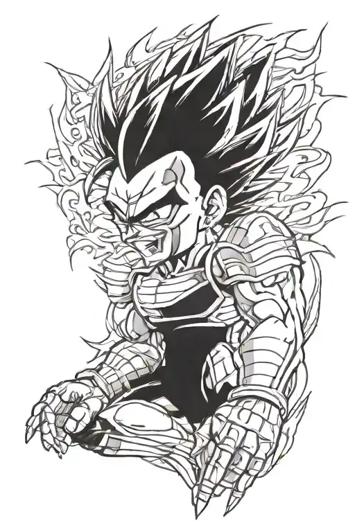 create Vegeta from Dragon Ball with a bad face, the image must be focused from the elbow up, drawing made on paper tattoo design idea