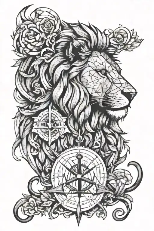 lion and nature and iran and anchor and compass tattoo design idea