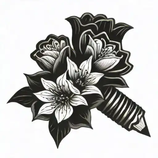 A bouquet of flowers intertwined with colorful crayons and clay tools tattoo design idea