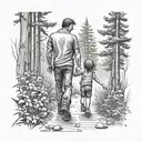 father with young son and daughter walking in the woods holding hands tattoo design idea