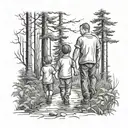 father with young son and daughter walking in the woods holding hands tattoo design idea