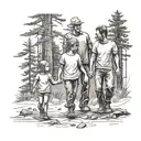 father with young son and daughter walking in the woods holding hands tattoo design idea