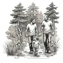 father with young son and daughter walking in the woods holding hands tattoo design idea