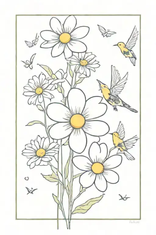 daisy flower and forget me nots with blackbirds tattoo design idea