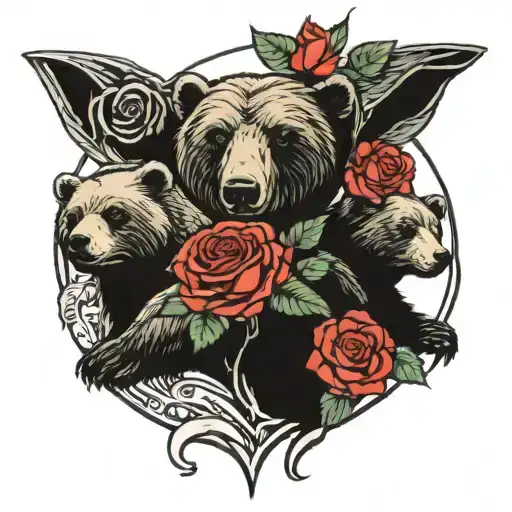 3 Bears & Roses & Alien tattoo design idea