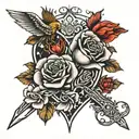 heart, dagger, phoenix, roses blooming tattoo design idea