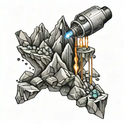 A welding torch melting gemstones into a mountain shape tattoo design idea