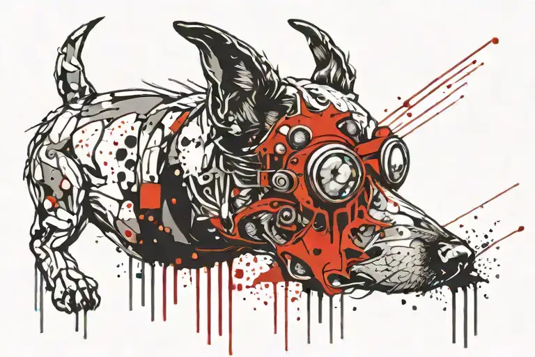 zombified dog with night vision goggles drilled into its head tattoo design idea