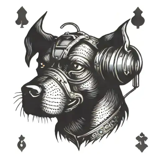 devil dog with night vision goggles drilled into its head on a playing card  tattoo design idea