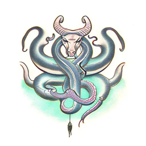 snakes with goat horns and water tattoo design idea