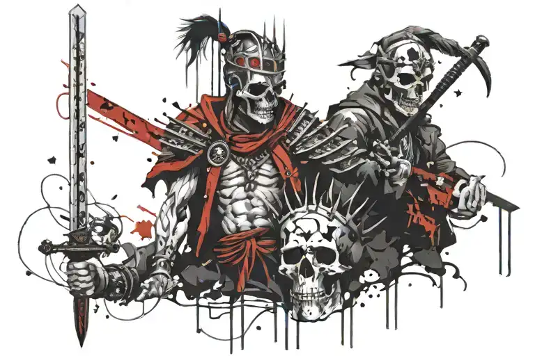 king and jester and skull with katana tattoo design idea