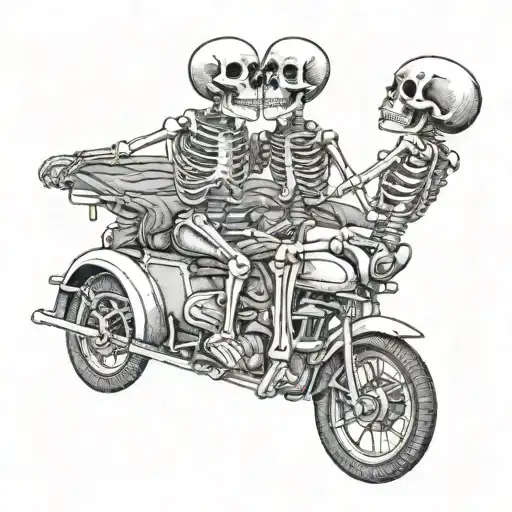 two skeletons in love sitting in vintage car tattoo design idea