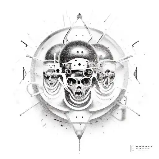 A surreal scene of a stage set in a dystopian world, with guitars and drums scattered around, capturing the edginess of rock metal concerts tattoo design idea