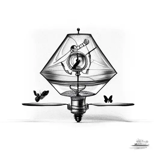 broken lamp with butterfly and broken compass tattoo design idea