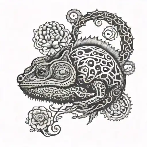 A detailed and intricate tattoo design of a chameleon blending into a brain, symbolizing the complex nature of human psychology tattoo design idea