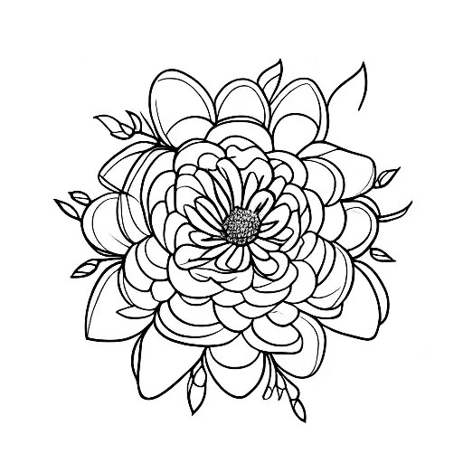 small, minimal, line tattoo of a bouquet with a single rose, lily of the valley, aster and chrysanthemum tattoo design idea