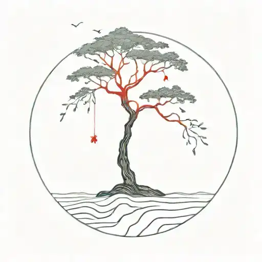 tree on an island in the middle of the ocean with the red string of fate tattoo design idea