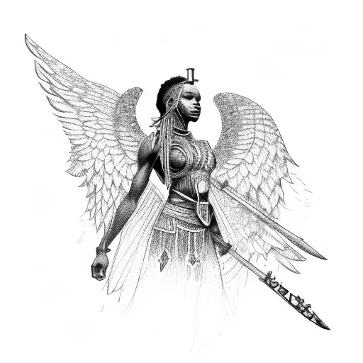 african warrior Angel, dreadlocks tattoo design idea
