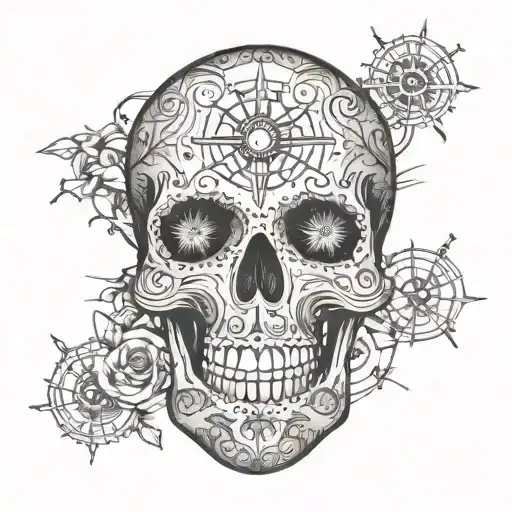 A detailed Day of the Dead skull with a compass embedded in the design tattoo design idea