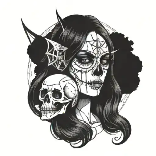 Big titty girl with skull head creepy dark side of the moon tattoo design idea