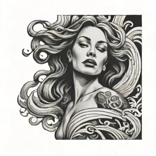 A black-grey tattoo of a powerful feminist symbol intertwined with ocean waves tattoo design idea