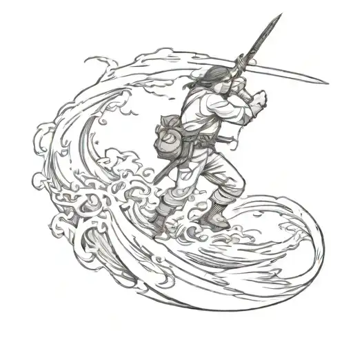A sketch style tattoo of a sword-wielding explorer fighting off sea monsters in a stormy ocean tattoo design idea