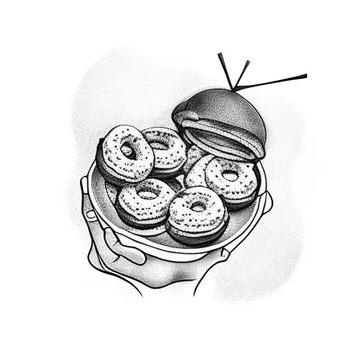 A dotwork tattoo of a baker's hands holding a tray of freshly baked donuts and dates tattoo design idea