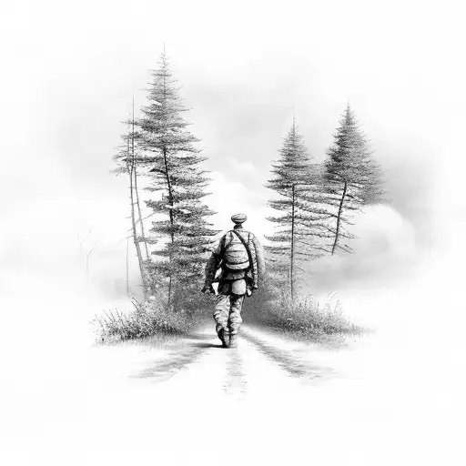 soldier walking along the road through the forest, there is war down there, night, fighting Poland, cursed tattoo design idea