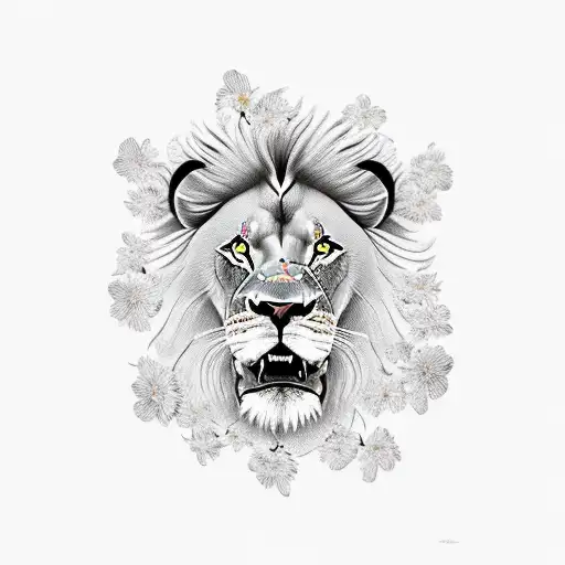 lion with with cherry blossom petals  tattoo design idea