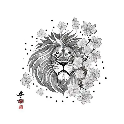 hiding lion with falling cherry blossom petals  tattoo design idea