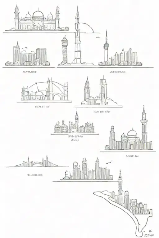 skyline made with the Taj Mahal in India, pearl harbour in Bahrain, cn tower in Toronto and three sisters  in Alberta  tattoo design idea