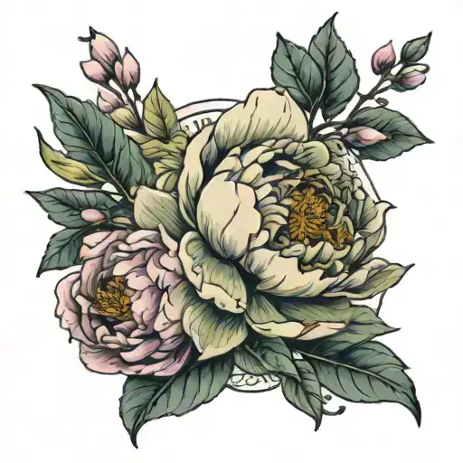 peony, orchids, eucalyptus leaves, viking, strong , love, beauty  tattoo design idea