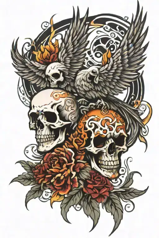 phoenix and skull tattoo design idea
