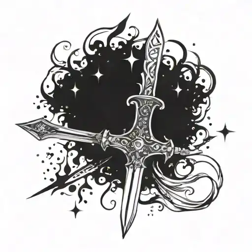 A flaming sword surrounded by clustered stars in a fantasy-inspired design tattoo design idea