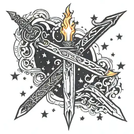 A flaming sword surrounded by clustered stars in a fantasy-inspired design tattoo design idea