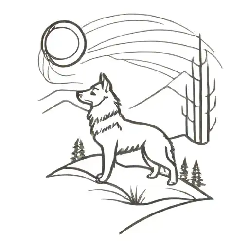A minimalist tattoo of a husky howling at the moon in a mountain creek setting tattoo design idea