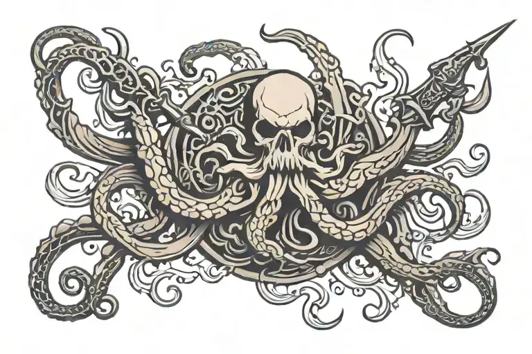 kraken trident held tattoo design idea